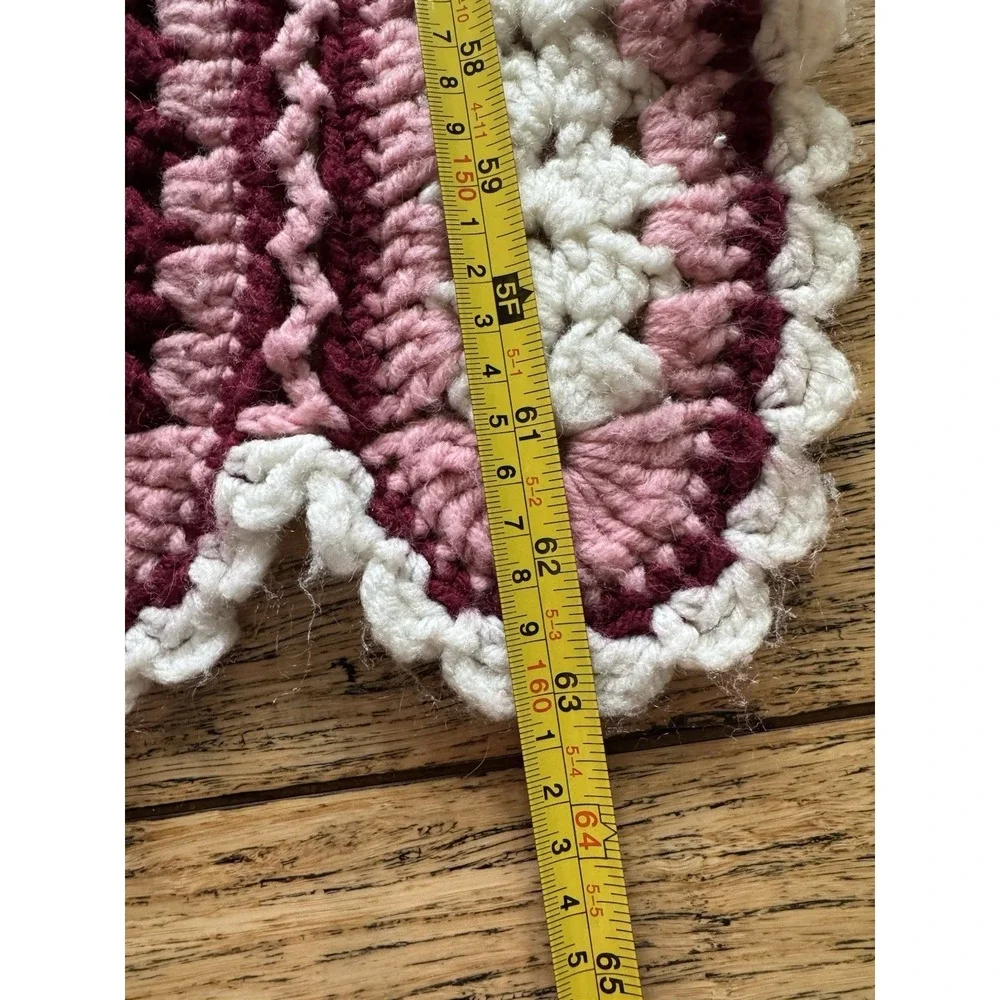 Handmade Red, Pink White Knitted Crocheted Throw Blanket Size 48x64